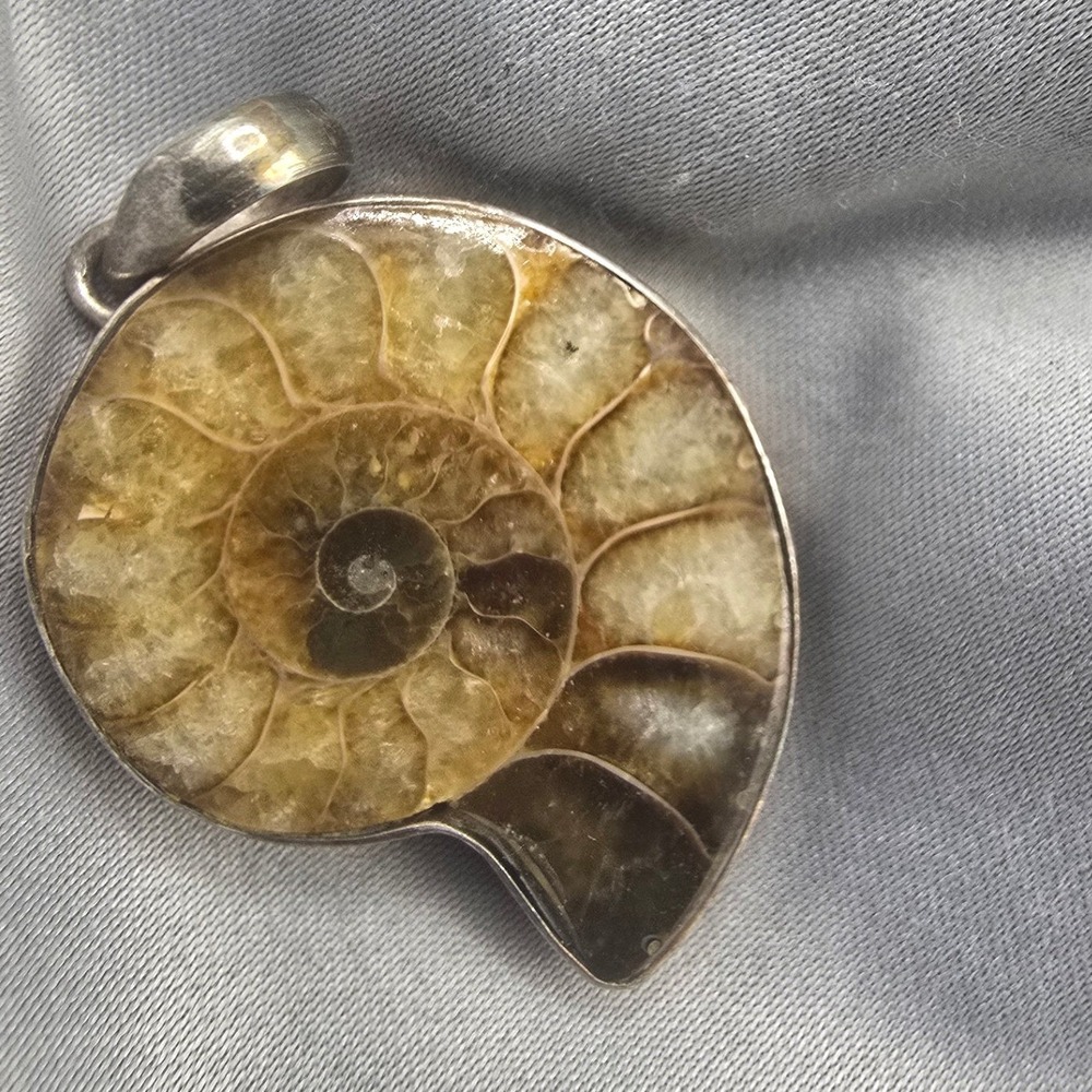 Vintage Estate Ammonite Fossil Pendant Brown Sterling Silver 925 1.25in